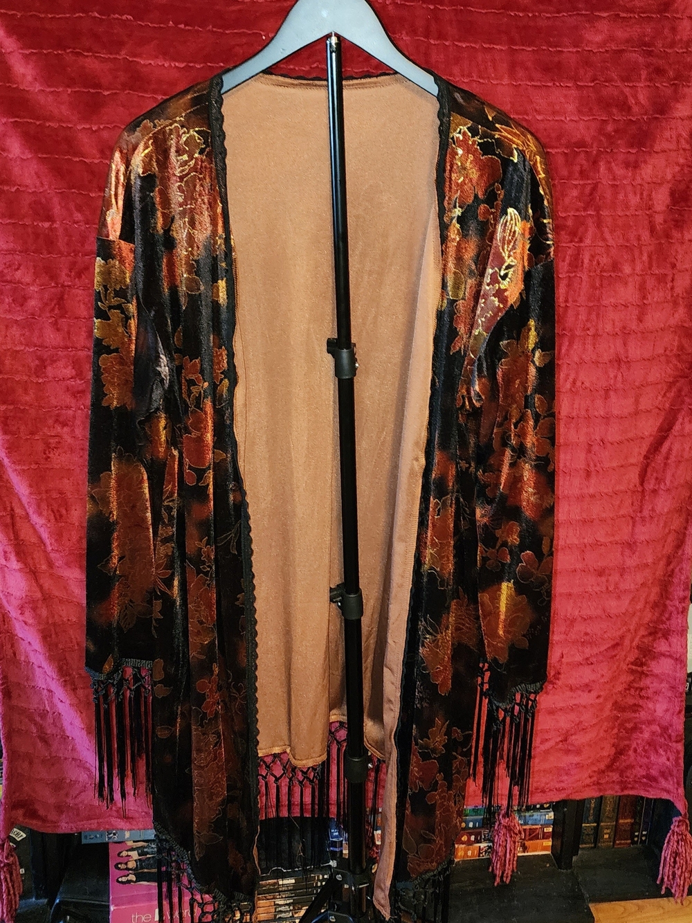ROMWE Black & Brown Velvet Floral Fringe Kimono Cardigan